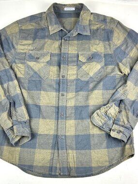 Gramicci Flannel Shirt Mens L Blue Olive Buffalo Check Plaid Organic Cotton